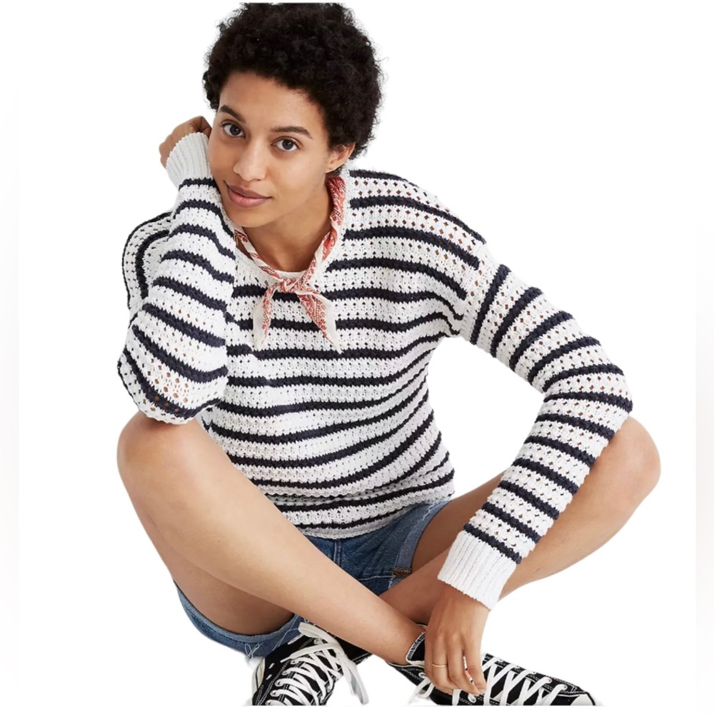 Madewell Blue White Striped Open-Stitch Austen Pullover Sweater Women’s Size M
